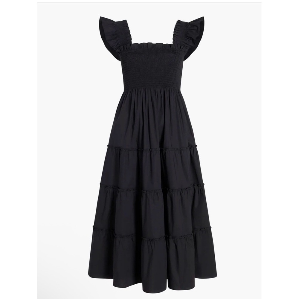 Hill House The Ellie Nap Dress Black Smocked Tiered Midi Size Small Crepe